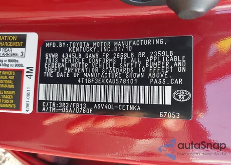 2010 Toyota Camry Le из США, поврежденный, VIN 4T1BF3EKXAU578101